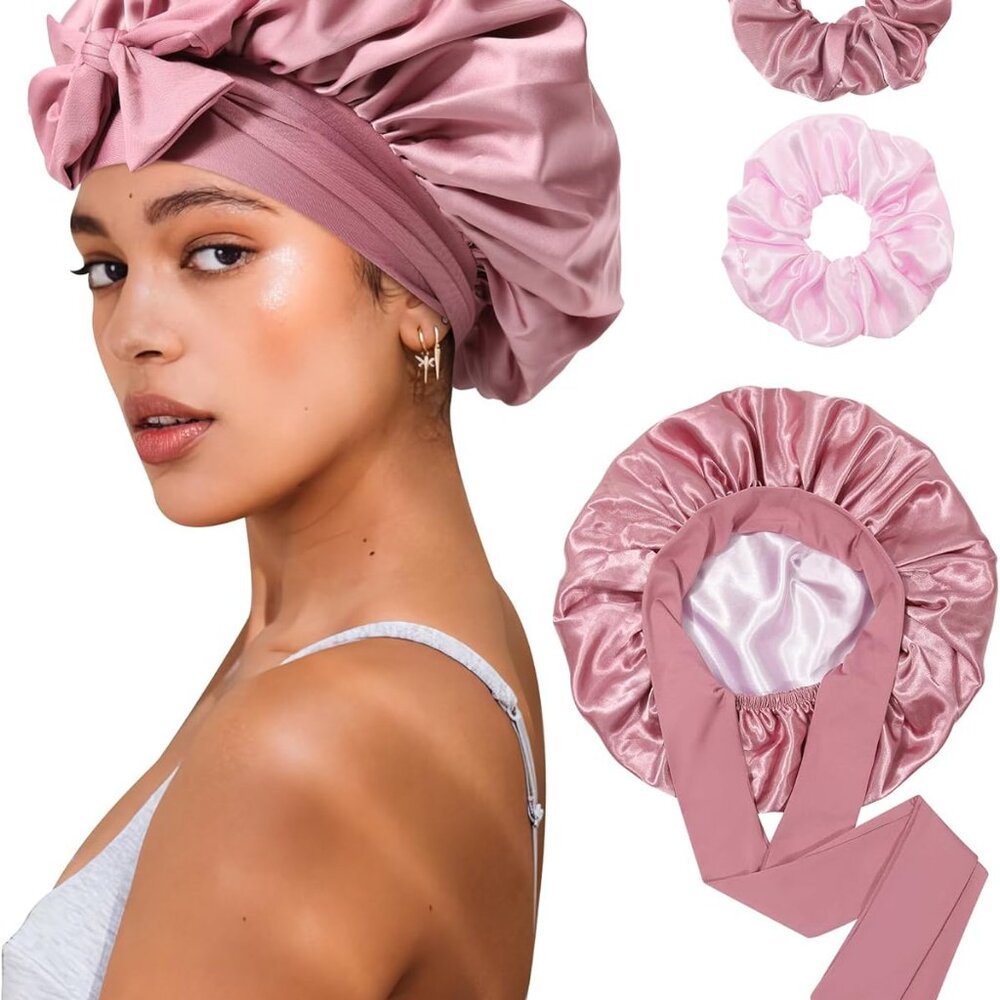 Reversible Satin Bonnet for Sleeping Women Double Layer Hair Bonnet with 2PCS Ha